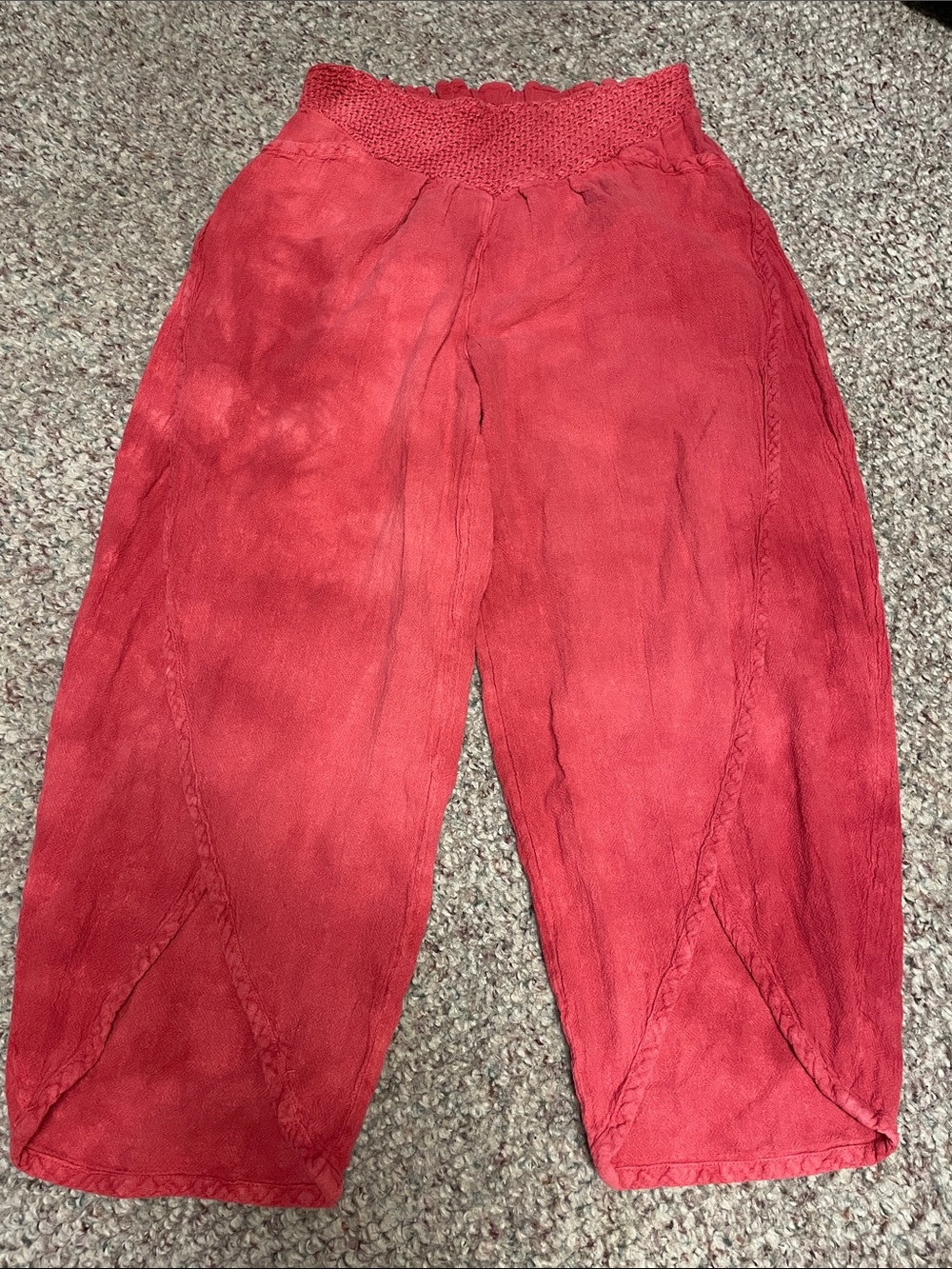 Vintage 90s crochet waist wide leg wrap style front tie dye cropped pant